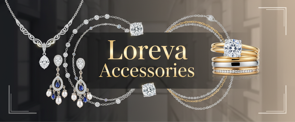 resmin tam ortasında Loreva Accessories yazısı ve küpe kolye yüzük görselleri olan bir slayt banneri